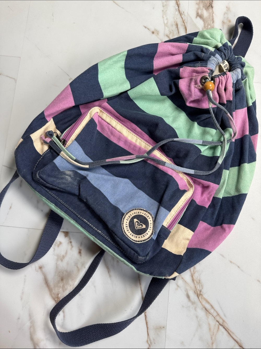 Y2K Roxy Stripe Canvas Drawstring Bag Colorful Distressed 90s Beachy Surf